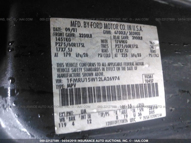 1FMRU15W12LA26974 - 2002 FORD EXPEDITION XLT BLACK photo 9