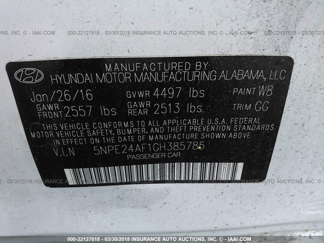 5NPE24AF1GH385785 - 2016 HYUNDAI SONATA SE WHITE photo 9