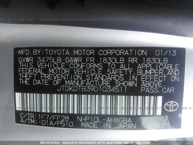 JTDKDTB39D1034511 - 2013 TOYOTA PRIUS C SILVER photo 9