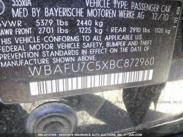WBAFU7C5XBC872960 - 2011 BMW 535 XI BLACK photo 9