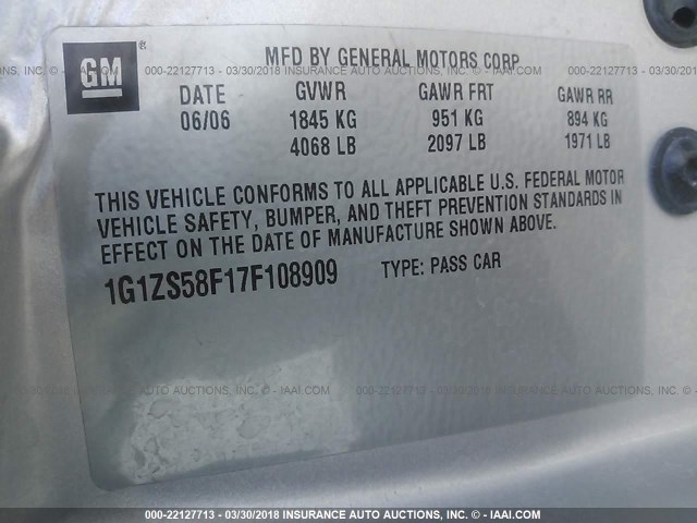 1G1ZS58F17F108909 - 2007 CHEVROLET MALIBU LS 银色 照片 9