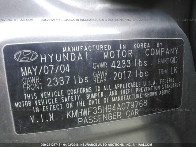 KMHWF35H94A079768 - 2004 HYUNDAI SONATA GLS/LX GRAY photo 9