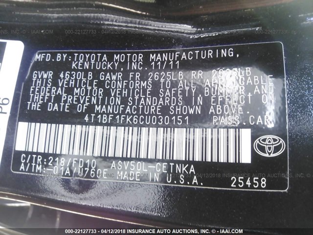 4T1BF1FK6CU030151 - 2012 TOYOTA CAMRY SE/LE/XLE Qara foto 9