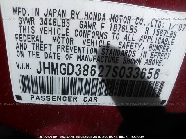 JHMGD38627S033656 - 2007 HONDA FIT S RED photo 9