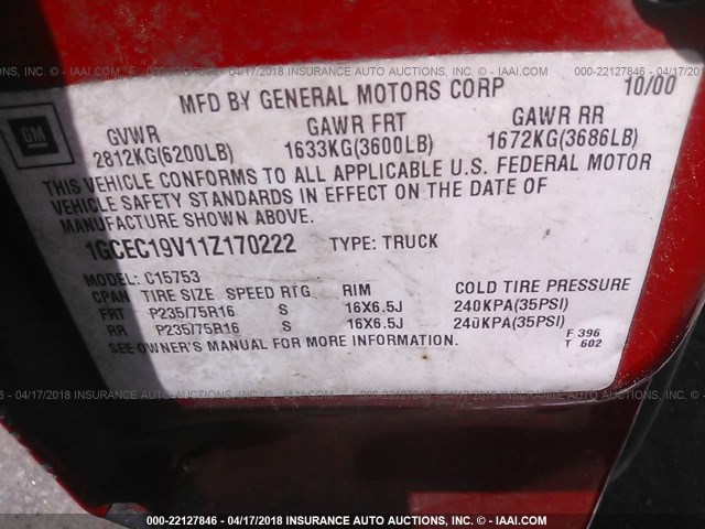 1GCEC19V11Z170222 - 2001 CHEVROLET SILVERADO C1500 MAROON photo 9