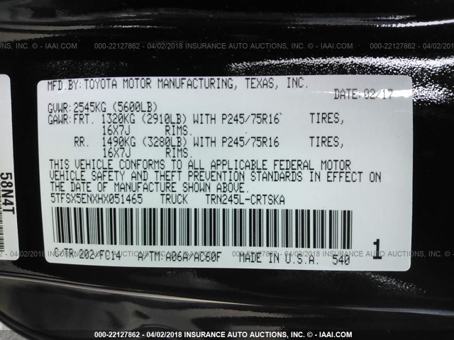 5TFSX5ENXHX051465 - 2017 TOYOTA TACOMA ACCESS CAB/SR/SR5 შავი ფოტო 9