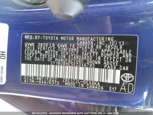 2T1BURHE5EC046793 - 2014 TOYOTA COROLLA L/LE/LE PLS/PRM/S/S PLS BLUE photo 9