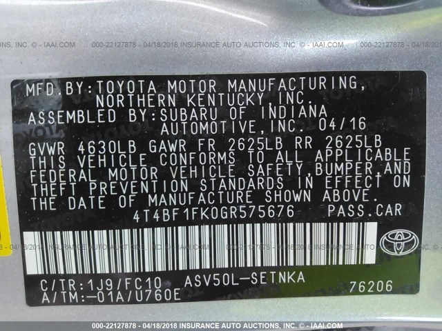 4T4BF1FK0GR575676 - 2016 TOYOTA CAMRY LE/XLE/SE/XSE SILVER photo 9