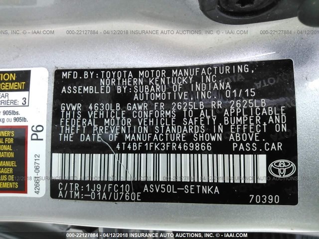 4T4BF1FK3FR469866 - 2015 TOYOTA CAMRY LE/XLE/SE/XSE SILVER photo 9