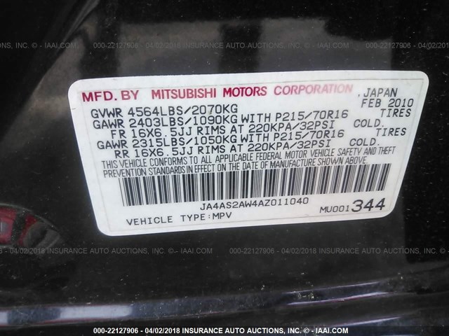 JA4AS2AW4AZ011040 - 2010 MITSUBISHI OUTLANDER ES შავი ფოტო 9