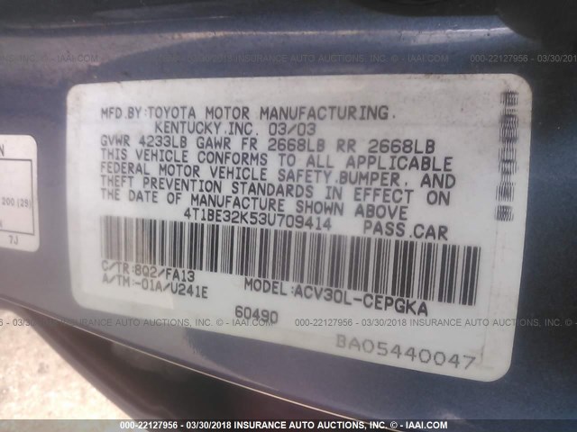 4T1BE32K53U709414 - 2003 TOYOTA CAMRY LE/XLE/SE BLUE photo 9