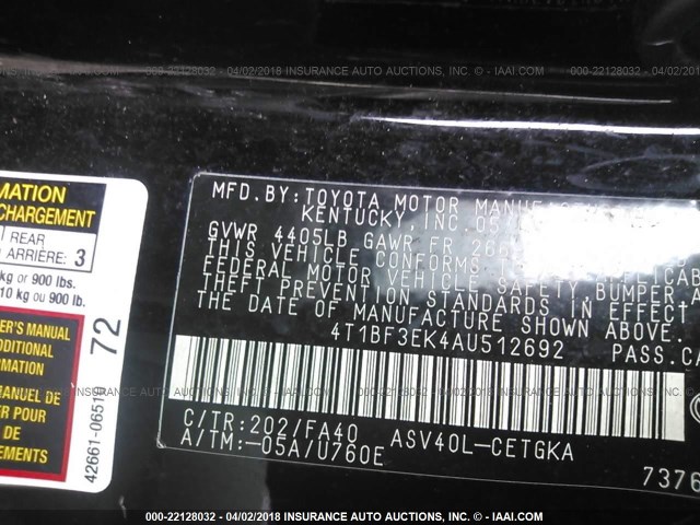 4T1BF3EK4AU512692 - 2010 TOYOTA CAMRY SE/LE/XLE BLACK photo 9