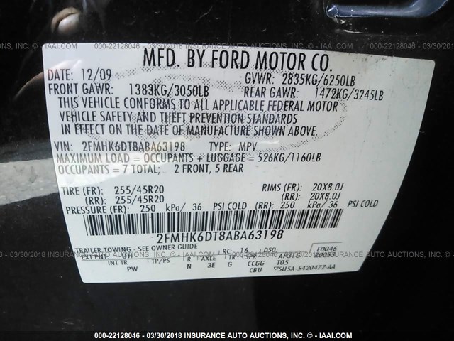 2FMHK6DT8ABA63198 - 2010 FORD FLEX LIMITED BLACK photo 9