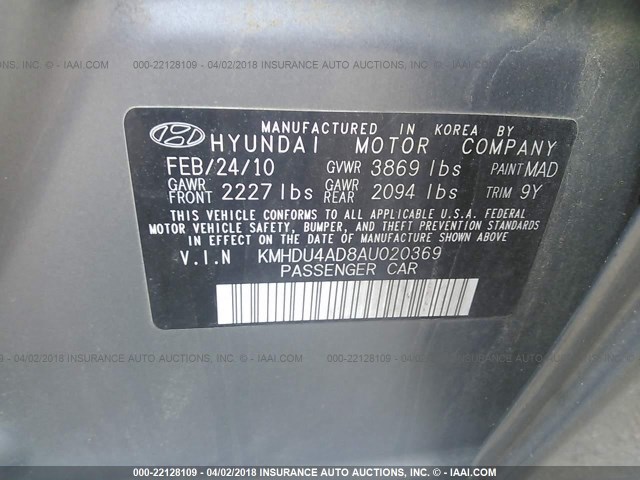 KMHDU4AD8AU020369 - 2010 HYUNDAI ELANTRA BLUE/GLS/SE GRAY photo 9