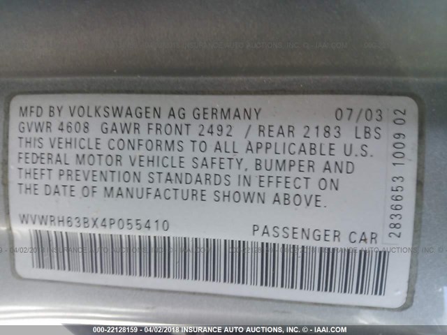 WVWRH63BX4P055410 - 2004 VOLKSWAGEN PASSAT GLX 银色 照片 9