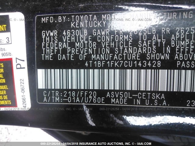 4T1BF1FK7CU143428 - 2012 TOYOTA CAMRY SE/LE/XLE Черный фото 9