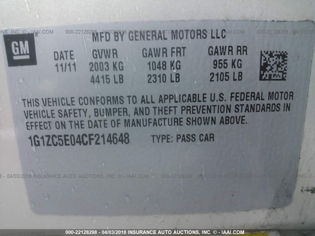 1G1ZC5E04CF214648 - 2012 CHEVROLET MALIBU 1LT 棕色 照片 9