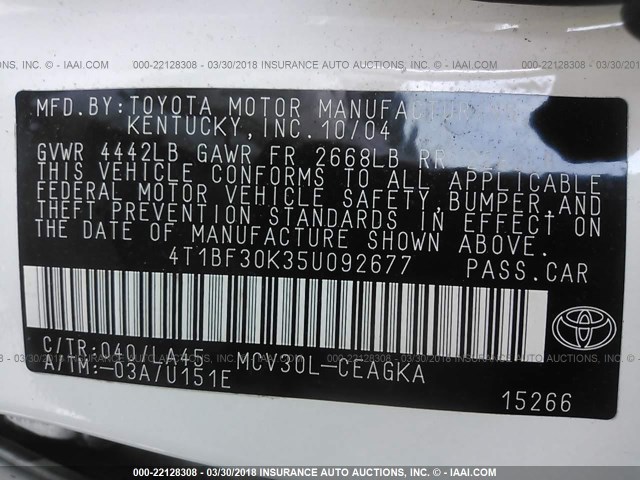 4T1BF30K35U092677 - 2005 TOYOTA CAMRY LE/XLE/SE WHITE photo 9