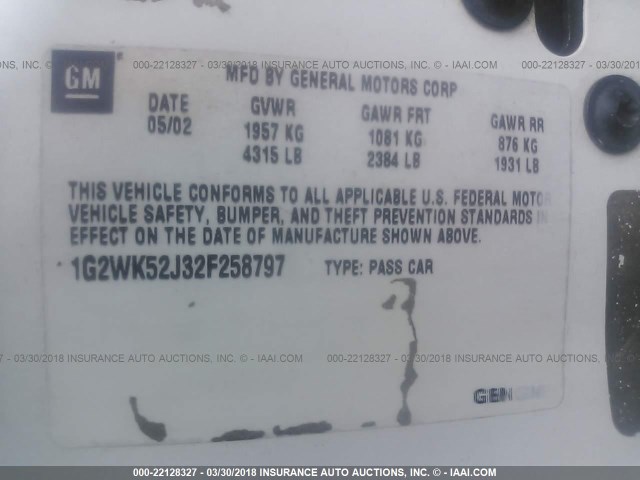 1G2WK52J32F258797 - 2002 PONTIAC GRAND PRIX SE 白色 照片 9