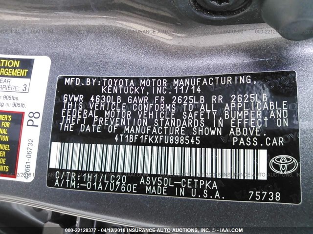 4T1BF1FKXFU898545 - 2015 TOYOTA CAMRY LE/XLE/SE/XSE ნაცრისფერი ფოტო 9