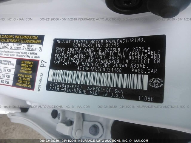 4T1BF1FK5FU021168 - 2015 TOYOTA CAMRY LE/XLE/SE/XSE WHITE photo 9