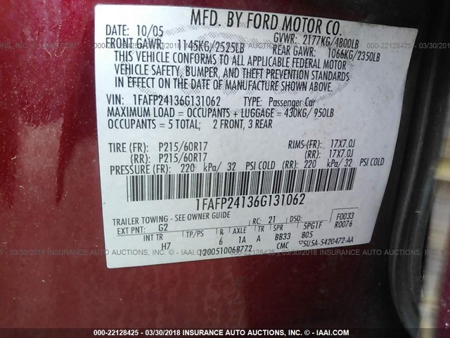 1FAFP24136G131062 - 2006 FORD FIVE HUNDRED SEL RED photo 9