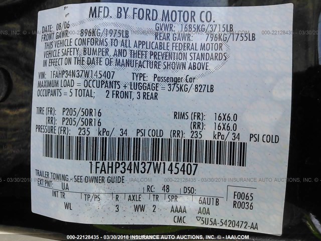 1FAHP34N37W145407 - 2007 FORD FOCUS ZX4/S/SE/SES 黑色 照片 9