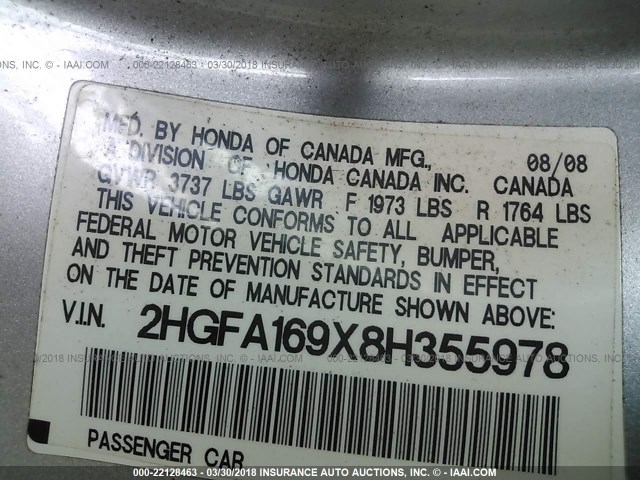 2HGFA169X8H355978 - 2008 HONDA CIVIC EXL GRAY photo 9