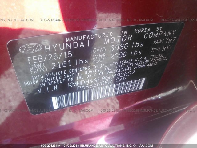 KMHDH4AE9GU482607 - 2016 HYUNDAI ELANTRA SE/SPORT/LIMITED RED photo 9