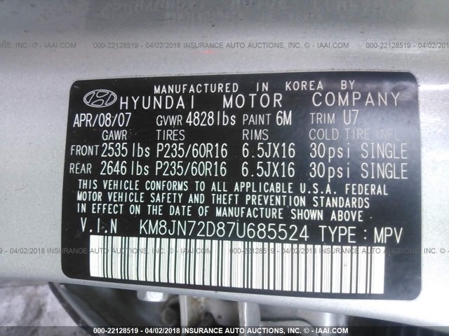 KM8JN72D87U685524 - 2007 HYUNDAI TUCSON SE/LIMITED SILVER photo 9