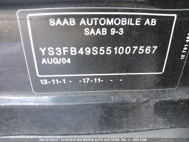 YS3FB49S551007567 - 2005 SAAB 9-3 LINEAR BLACK photo 9