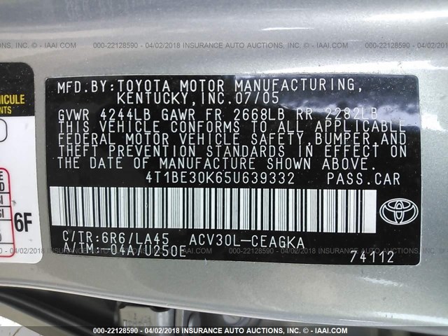 4T1BE30K65U639332 - 2005 TOYOTA CAMRY LE/XLE/SE ვერცხლისფერი ფოტო 9
