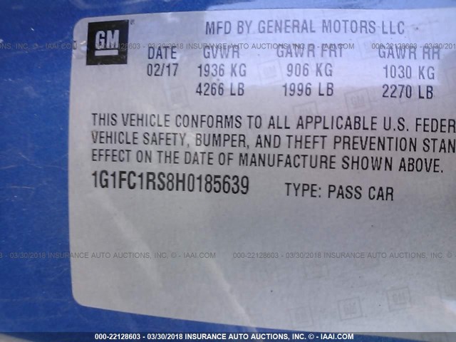 1G1FC1RS8H0185639 - 2017 CHEVROLET CAMARO LT Azul foto 9