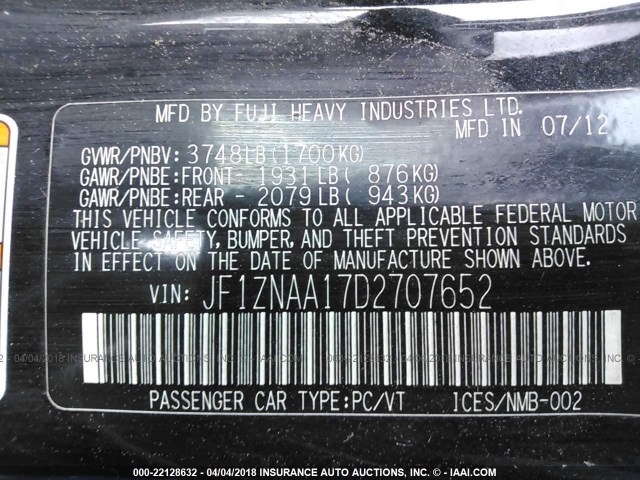 JF1ZNAA17D2707652 - 2013 TOYOTA SCION FR-S შავი ფოტო 9