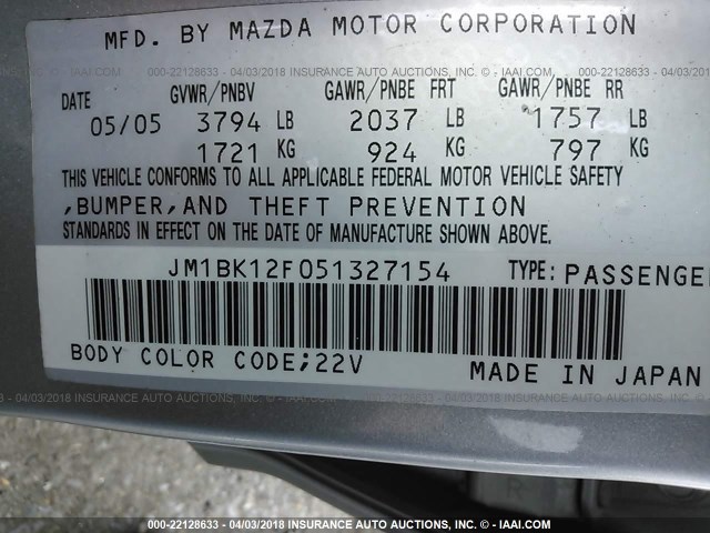 JM1BK12F051327154 - 2005 MAZDA 3 I SILVER photo 9