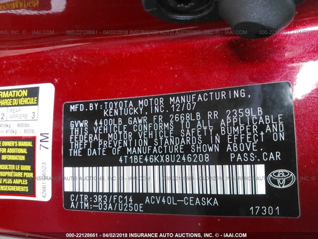 4T1BE46KX8U246208 - 2008 TOYOTA CAMRY CE/LE/XLE/SE RED photo 9