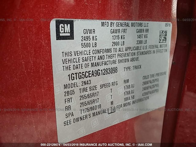 1GTG5CEA9G1283098 - 2016 GMC CANYON SLE RED photo 9