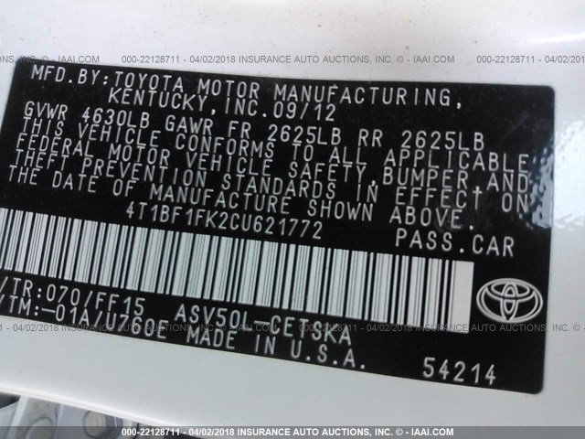 4T1BF1FK2CU621772 - 2012 TOYOTA CAMRY SE/LE/XLE Белый фото 9