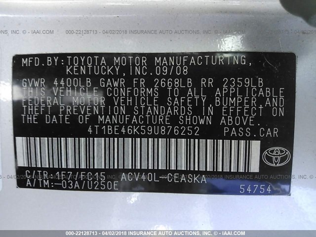 4T1BE46K59U876252 - 2009 TOYOTA CAMRY SE/LE/XLE SILVER photo 9