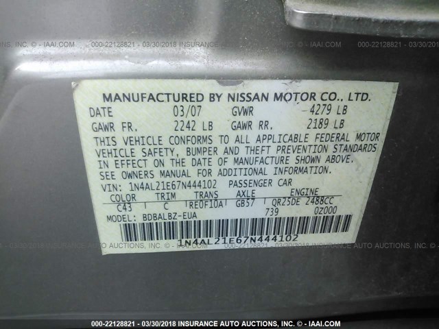 1N4AL21E67N444102 - 2007 NISSAN ALTIMA 2.5/2.5S Pewter photo 9