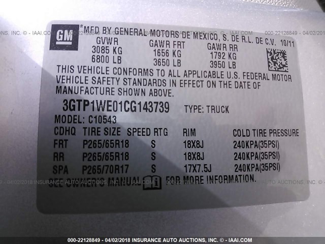 3GTP1WE01CG143739 - 2012 GMC SIERRA C1500 SLT SILVER photo 9