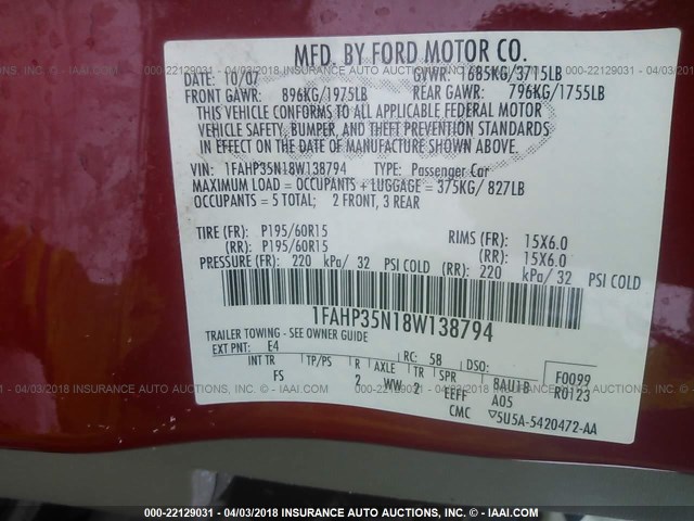 1FAHP35N18W138794 - 2008 FORD FOCUS SE/SEL/SES RED photo 9
