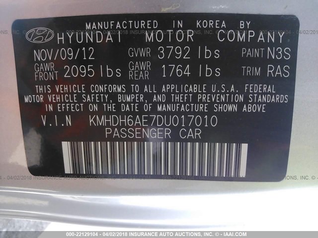 KMHDH6AE7DU017010 - 2013 HYUNDAI ELANTRA COUPE GS/SE SILVER photo 9