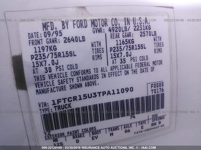 1FTCR15U3TPA11090 - 1996 FORD RANGER SUPER CAB WHITE photo 9