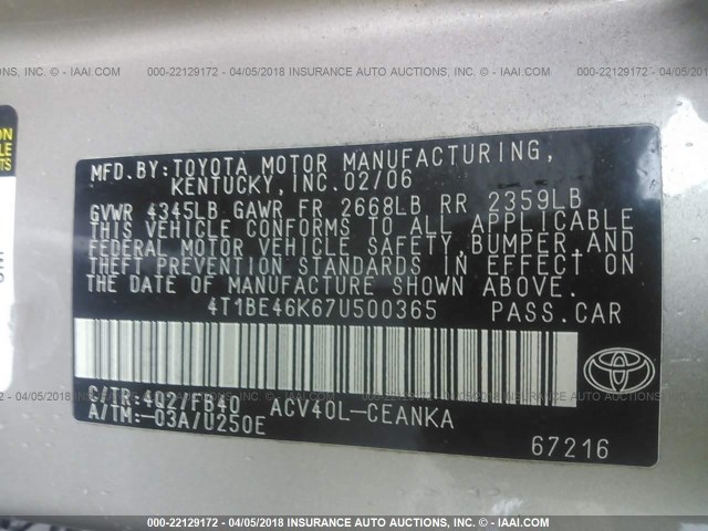 4T1BE46K67U500365 - 2007 TOYOTA CAMRY NEW GENERAT CE/LE/XLE/SE GOLD photo 9