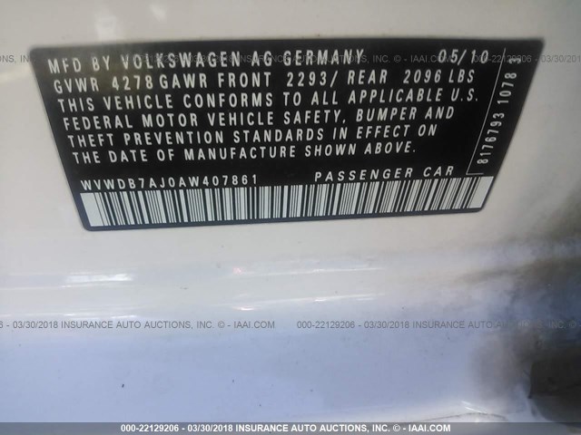 WVWDB7AJ0AW407861 - 2010 VOLKSWAGEN GOLF 白色 照片 9