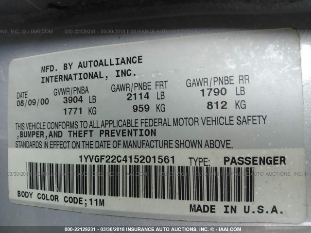 1YVGF22C415201561 - 2001 MAZDA 626 ES/LX SILVER photo 9