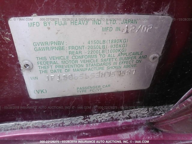 JF1SG65653H757587 - 2003 SUBARU FORESTER 2.5XS წითელი ფოტო 9