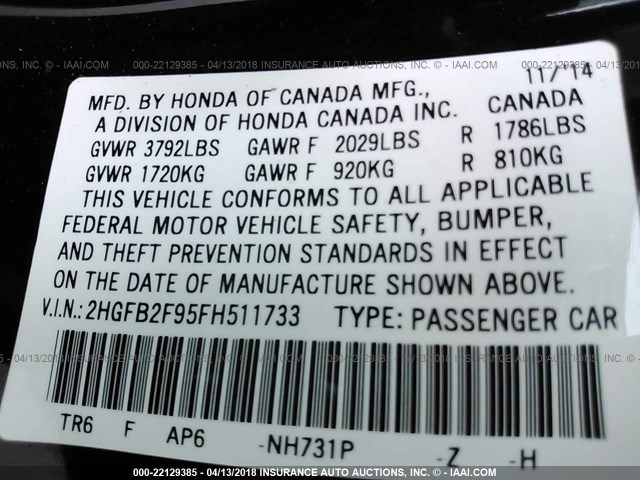 2HGFB2F95FH511733 - 2015 HONDA CIVIC EXL BLACK photo 9