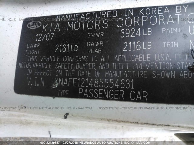 KNAFE121485554631 - 2008 KIA SPECTRA EX/LX/SX WHITE photo 9